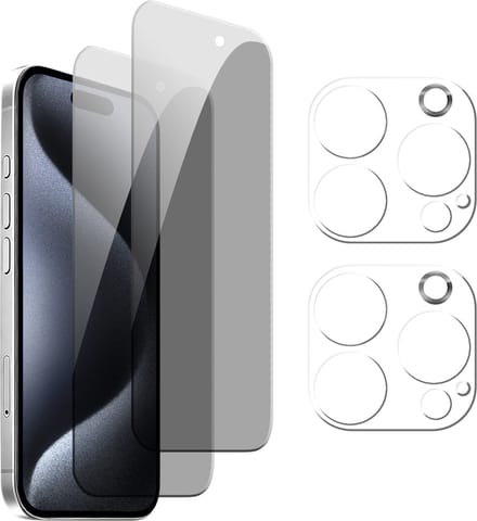 Podec 2x Privacy Screenprotector en 2x Camera Lens Protector voor iPhone 15 - Gehard Beschermglas - Transparant en Krasbestendig - Tempered Glass Screen Cover