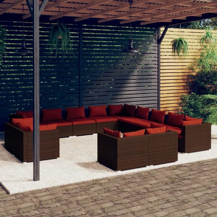 vidaXL - 13-delige - Loungeset - met - kussens - poly - rattan - bruin