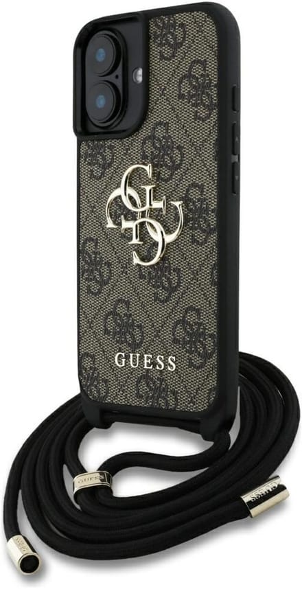 Guess 4G - iPhone 16 Hoesje - Bruin - Groot Logo - Met Koord