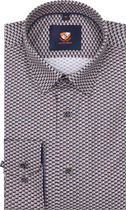 Suitable Overhemd Print Bruin 267-12 - Maat 40 - Heren - Casual Shirt