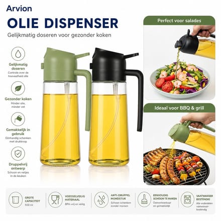 Arvion 2-in-1 Oliesproeier voor heteluchtfriteuse 470 ml - Oliespray & Oliedispenser voor Airfryer - Groen + Zwart
