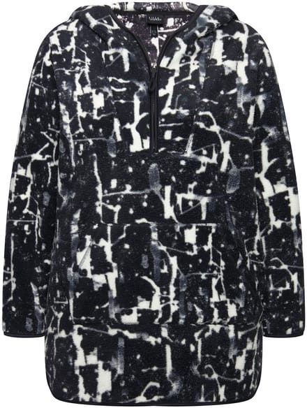 Ulla Popken - Dames - lange trui teddyfleece capuchon lange mouwen - Zwart - Maat 46+