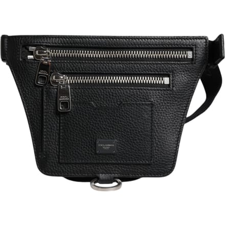 Zwart Kalfsleren Logo Plaquette Riem Taille Mannen Heuptas Tas