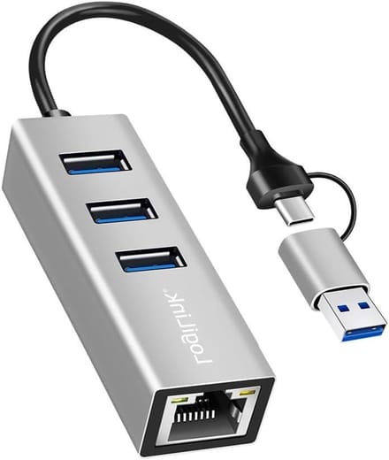 USB-C Netwerkadapter - Ethernet Hub - Internet Verbinding - 3x USB-A Poorten - 5 Gbps - Zilver