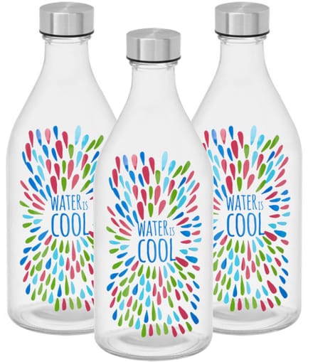 Vivalto Waterfles / drinkfles Summer - 3x - glas - transparant - met RVS dop - 1000 ml