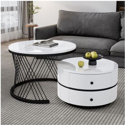 Set van stapelbare salontafels - MUVOE - Gepolijst marmer - 2 lades - Wit - 60x60cm en 50x50cm wit