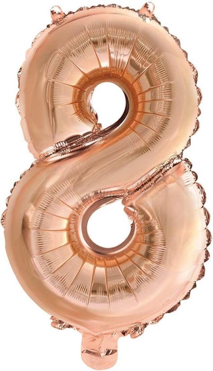 Folie Ballon Cijfer 8 Rosé Goud 41 cm met rietje