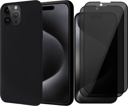 Hoesje geschikt voor iPhone 15 Pro Max - 2x Privacy Screen Protector FullGuard - Back Cover Case SoftTouch Zwart & Screenprotector