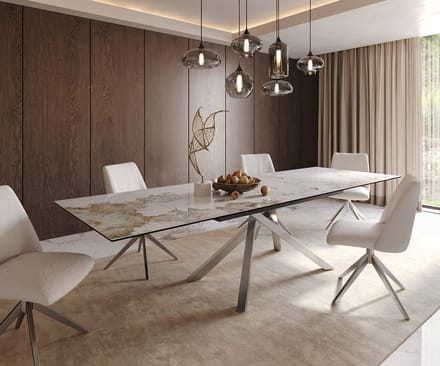 Eetkamertafel Edge keramiek Minas Melange wit-beige 200-300x100 kruisframe rechthoek RVS uitschuifbaar