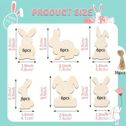36 stuks paashouten konijnenclipart, lege konijnenvorm, plakken, hangende decoratieve knutsellabels, doe-het-zelf-knutseldecoraties met gat, touw, paasdecoraties 36pcs blue
