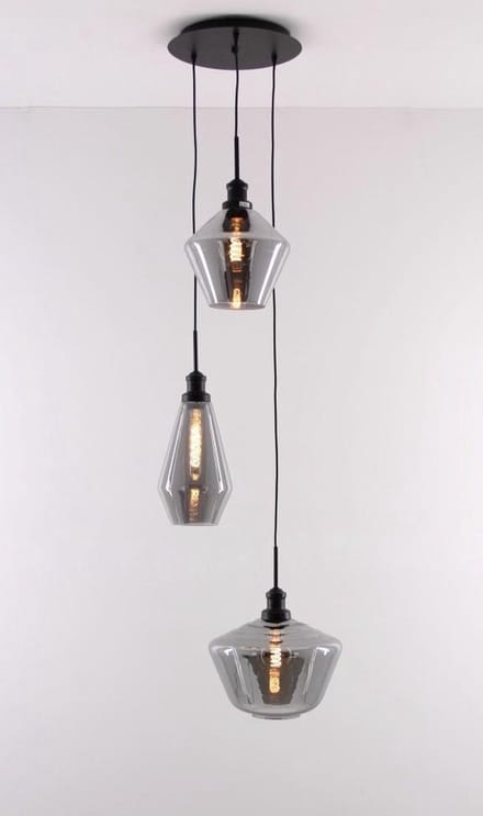 Mooie hanglamp met 3 rookglas hangers / smal / videlamp