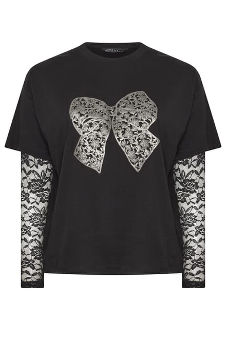 Limited Collection Zwart Tshirt Met Strikprint En Kant Size 44