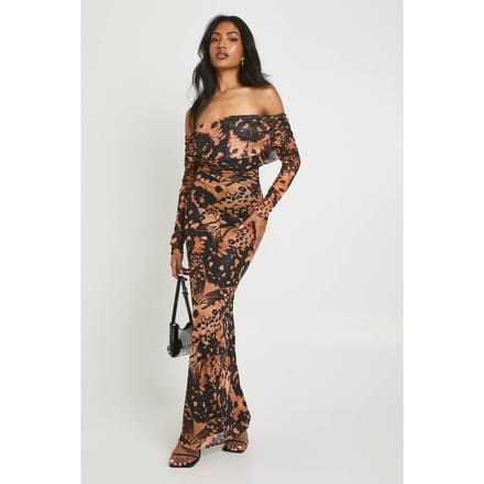 boohoo Dames Abstracte Bedrukte Bardot Maxi Jurk | Brown | Maat: 8