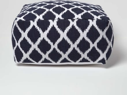 Homescapes Poef met Ikat-patroon - Vierkant, blauw en wit, 60x30 cm