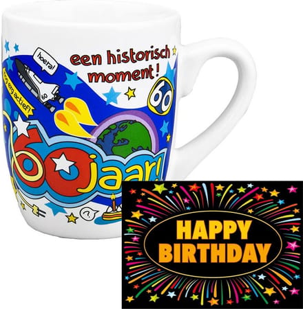 Grappige verjaardag mok/beker 60 jaar fun tekst 300 ml + wenskaart Happy Birthday