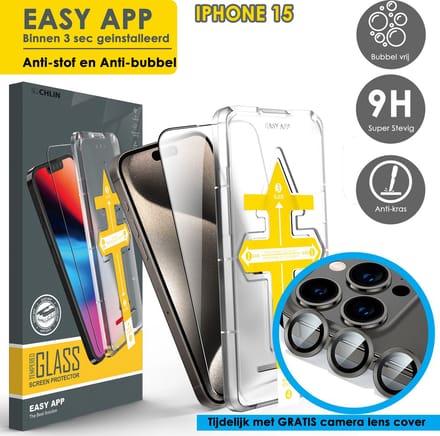 CL CHLIN® EASY APP premium screenprotector voor iphone 15, tijdelijk met Gratis camera lens cover - Iphone 15 screenprotector 9H gehard glas met automatische zelf plak case - iphone 15 scherm protector - iphone 15 screen protector
