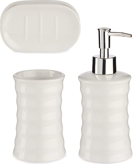 Badkamer accessoires set met strepen 3-delig creme wit van keramiek - Schaaltje - Zeeppompje - Beker