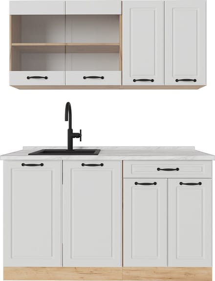 Vicco R-Line Eenpersoonskeuken – 140 cm, WB Marmer Wit landhuis/gouden eik
