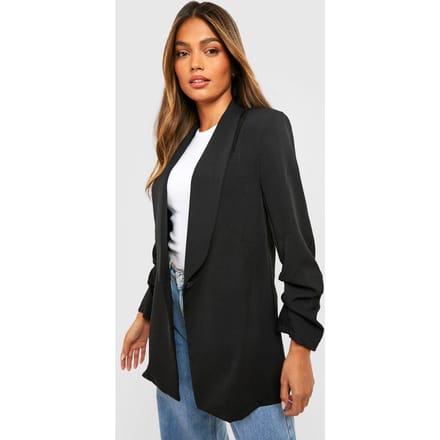 boohoo Dames Basic Geweven Blazer met Geruffelde Mouwen en Diepe V-Revers | Zwart | Maat: 44