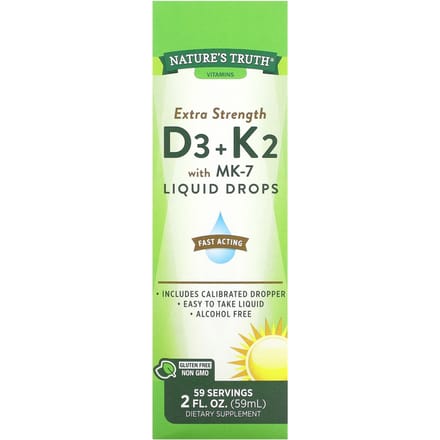 Nature's Truth, D3 + K2 extra fort, avec gouttes liquides MK-7, 2 fl oz (59 ml)