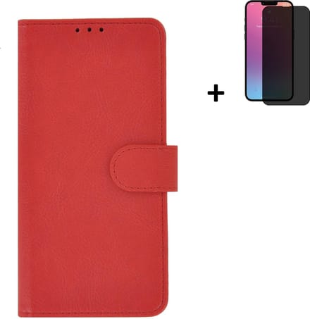 Geschikt voor iPhone 13 Pro Max Hoesje + iPhone 13 Pro Max Screenprotector - iPhone 13 Pro Max Hoes Wallet Bookcase Rood + Privacy Tempered Glass