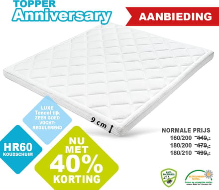 Topdekmatras/Topper Anniversery 180 x 210 Luxe Tencel Tijk 9 cm dik