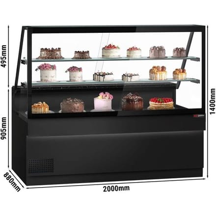GGM Gastro Koeltoonbank TORONTO - 2000x880mm - kleur zwart - dubbel glas - opstand - met 2 legborden - granieten werkblad zwart