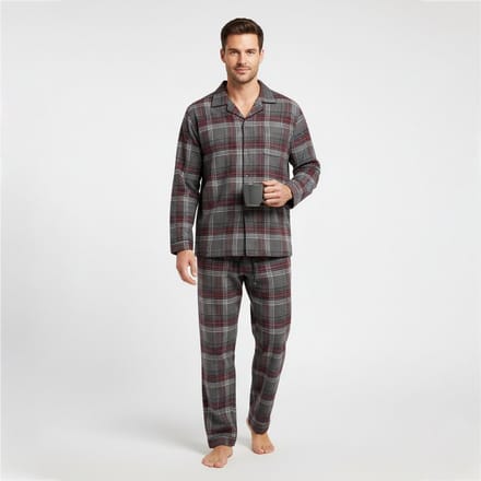 La V Flanel pyjamaset voor heren met geruit patroon Grijs - bordeaux rood S