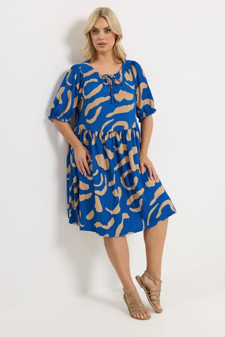 Yours Blauwe Abstracte Jurk Met Strik Aan De Voorkant Size 50-52