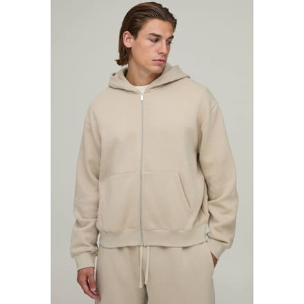 Essential Oversized Boxy Zip Through Hoodie | Stone | Size Large