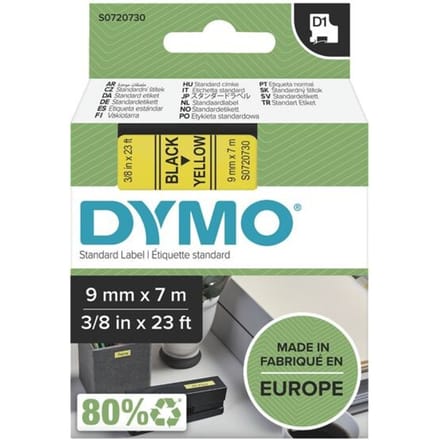 DYMO D1 Labels 9mm x 7m Roll Zwart Print on Geel Self-Adhesive Labels for LabelManager Label Printers Authentic
