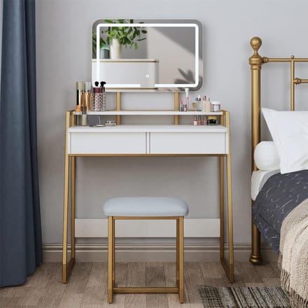 Make-uptafel met verlichte spiegel, opbergladen en kruk - Wit/Goud