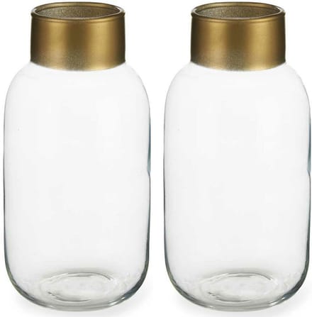 Giftdecor - Bloemenvazen 2x stuks - Glas - transparant/goud - 14 x 30 cm