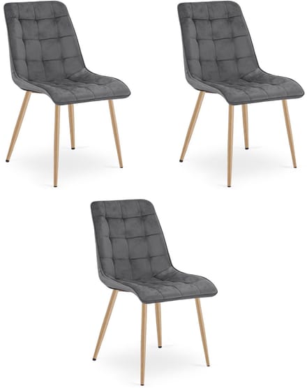 Set van 3 eetkamerstoelen SPLIT - Donkergrijs fluweel - Eikenlook poten - Modern design