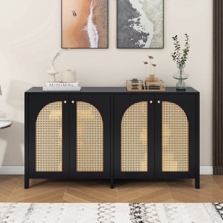 MODFU - Dressoir - 4 Deuren Met Rotanlook - Minimalistisch - Voor Woonkamer - MDF - Zwart