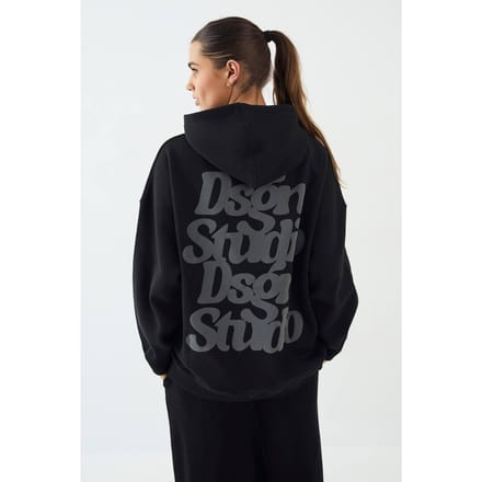Dames DSGN Studio Puff Print Slogan Oversized Hoodie | Zwart | Maat: Medium