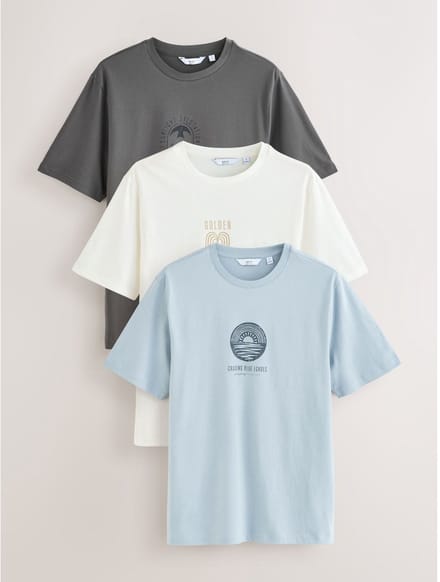 Next - Heren - Set van 3 T-shirts met standaard pasvorm en grafische pasvorm - Wit