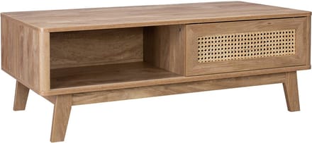 sweeek - Salontafel met 2 vakken, 1 schuifdeur, hout- en rieteffect, eucalyptus poten