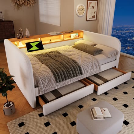 MODFU – Gestoffeerd Bed – 140x190 cm – LED & USB-C – 2 Lades – Linnen – Lichtbeige