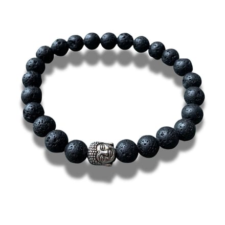 Armband - natuursteen - lava - zilverkleurig buddha element - boeddha element - 8 mm 20,5 cm