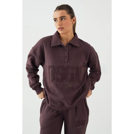Dames DSGN Studio Badstof Applique Rugby Sweatshirt met Kraag | Chocoladebruin | Maat: Medium