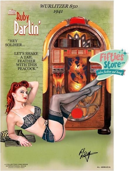 Wurlitzer 850 Jukebox Pin-Up Miss Ruby Darlin Zwaar Metalen Bord 92 x 61 cm