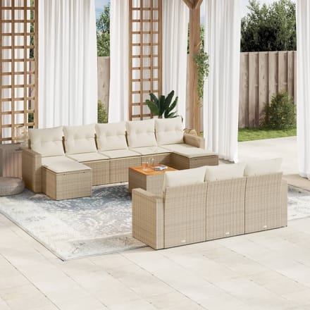 vidaXL - 11-delige - Tuinset - met - kussens - poly - rattan - beige