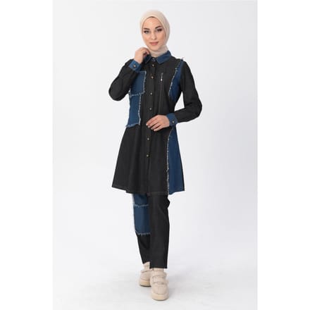 Rits Detail Hijab Denim Outfit Zwart