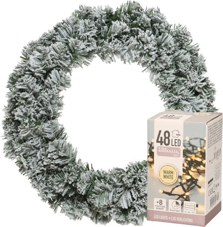 Decoris Kerstkrans groen met sneeuw - 35 cm - verlichting warm wit - 48 lampjes - 4 meter snoer