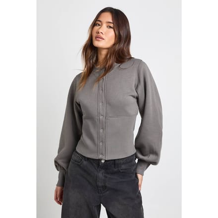 boohoo Dames Ballonmouw Sweatshirt met Getailleerde Taille en Drukknopen | Charcoal | Maat: Large
