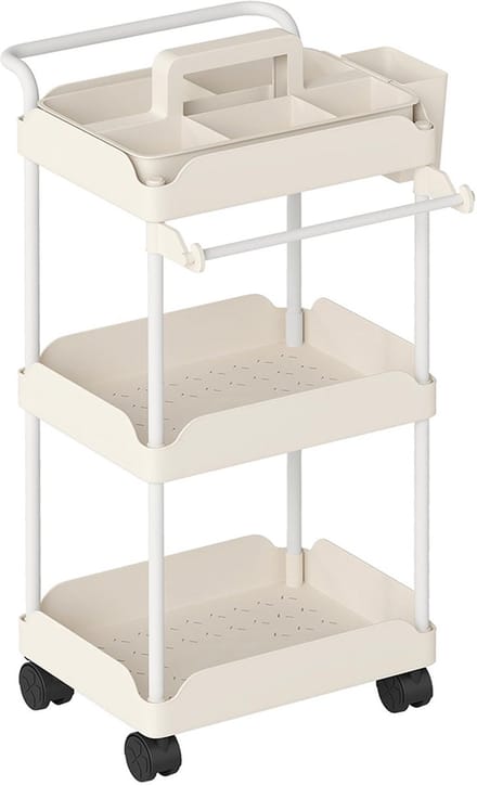 Pugsdrly Opbergkar, 3 manden, handdoekhouder, wieltjes, handgreep, metalen frame, wit