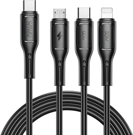 WiWu, 3-in-1 Kabel - Micro/USB-C/Lightning - 60W - Snellader - 1m, Zwart