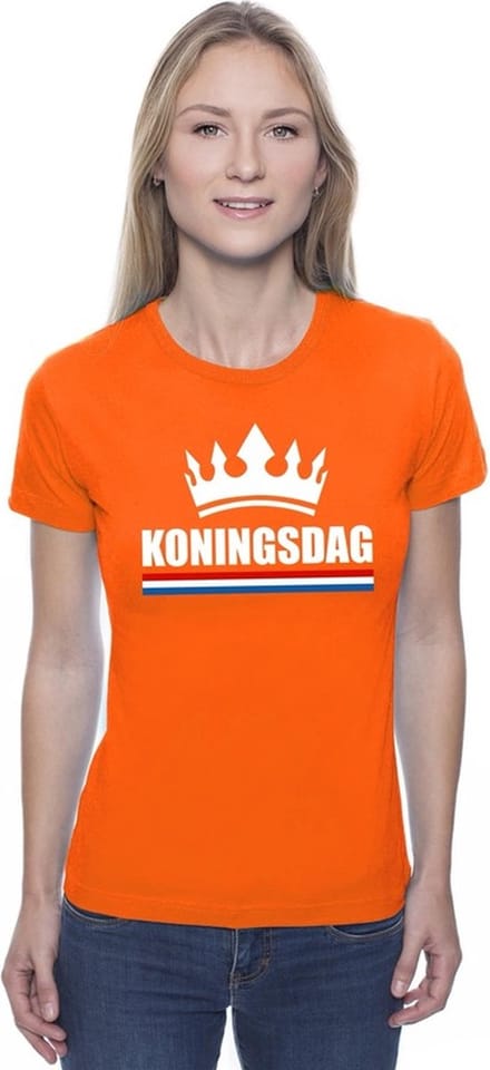 Oranje Koningsdag met een kroon shirt dames L