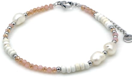 Armband - RVS - glaskralen en parels - zilverkleurig - 16-21 cm - dames